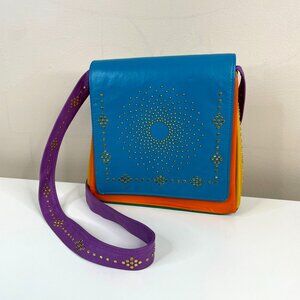 Vintage 80s Bags By Pinky Colorblock Leather Handbag Studded Bold Crossbody USA